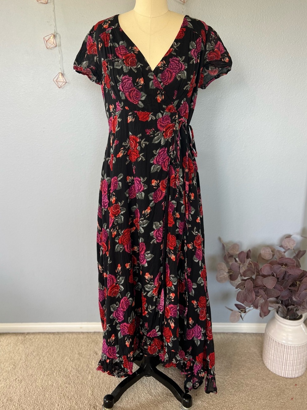 Patrons of Peace Black Maxi Wrap Dress with Red & Pink Floral Print